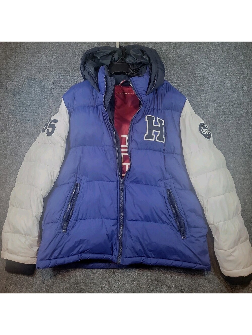 Vtg Tommy Hilfiger Big Logo Puffer Jacket Mens XXL Blue White Flawed Y2K 519